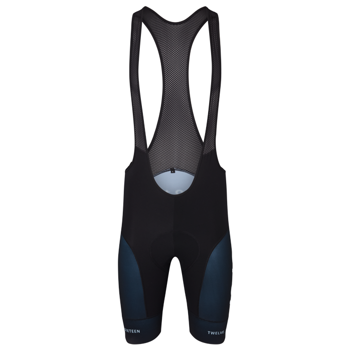 Black cycling bib shorts on a white background, TwelveSixteen