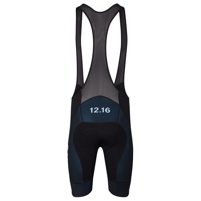 Black cycling bib shorts with '12.16' printed on the back 