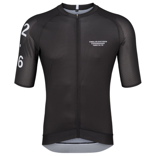 Black cycling jersey with TwelveSixteen branding on