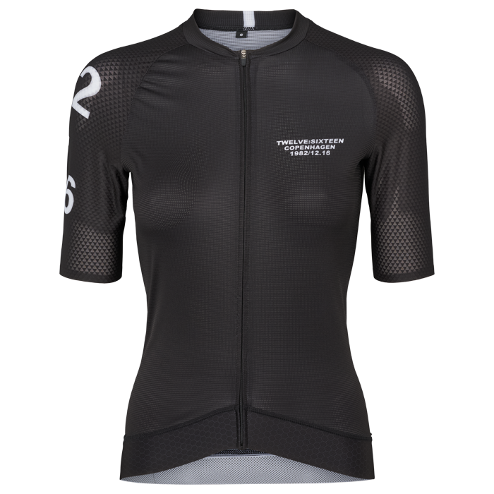 Black cycling jersey with brand 12.16 logo on 