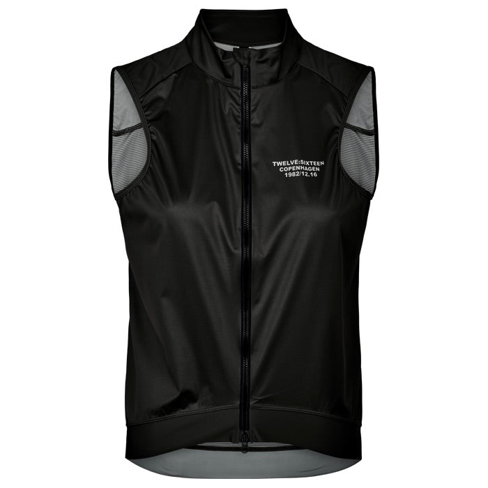 Black Gilet with mesh panels on a white logo