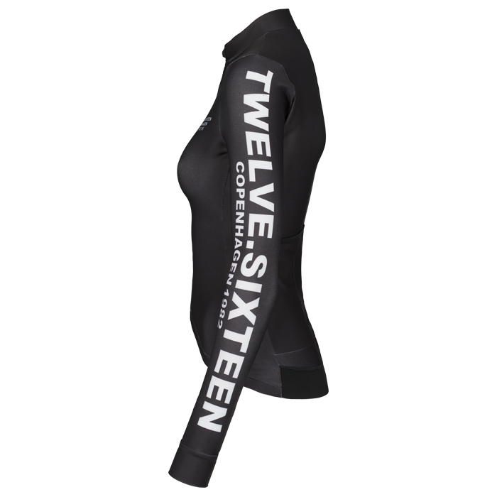 Black cycling jersey with 'Twelve Sixteen Copenhagen' branding 