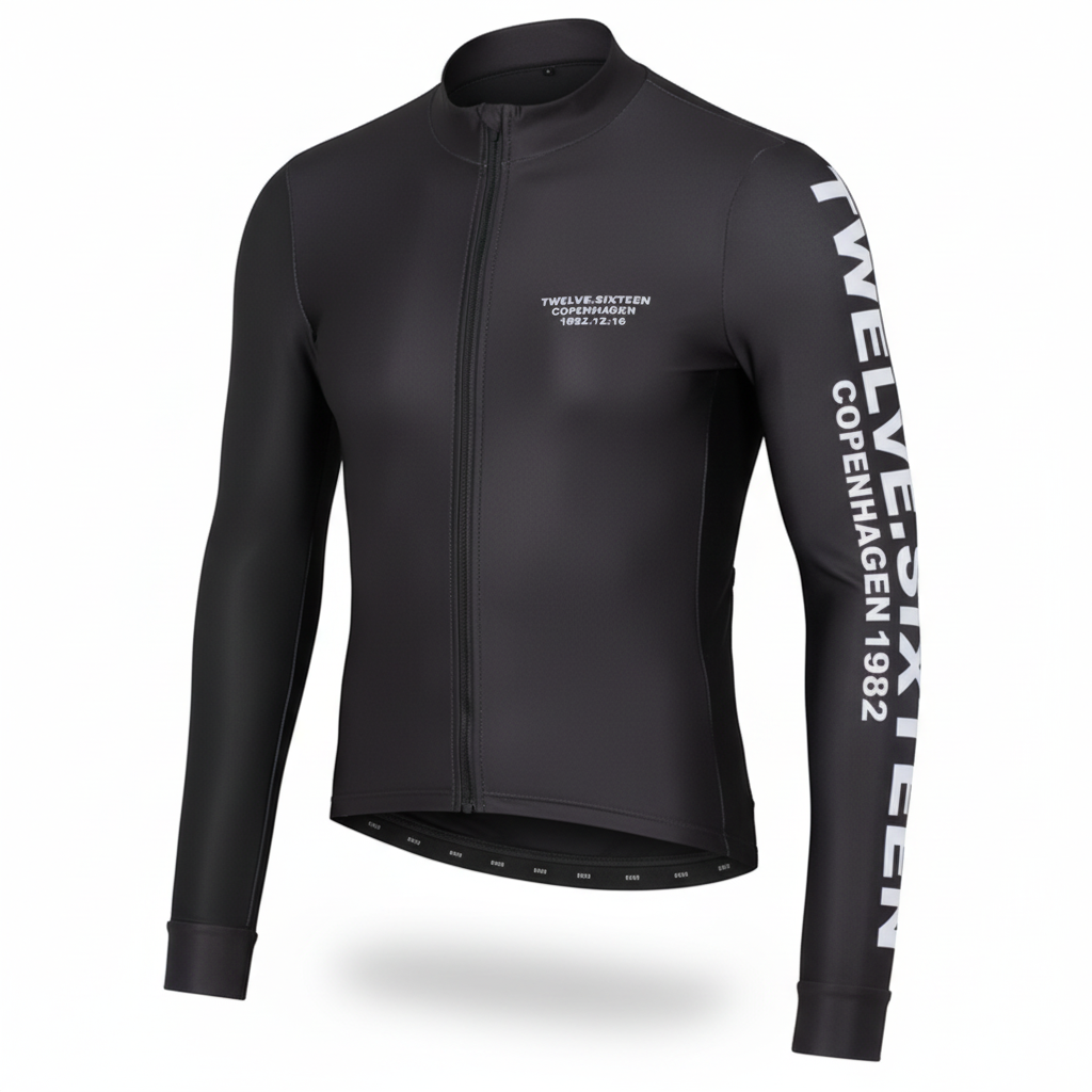 Black cycling jersey with branding on sleeves and front, 