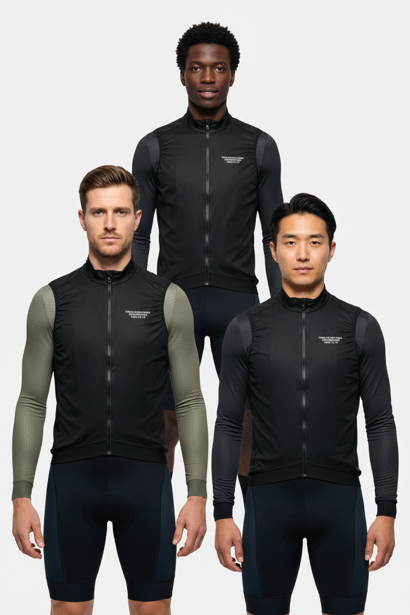 Three men wearing black TwelveSixteen cycling outfits 