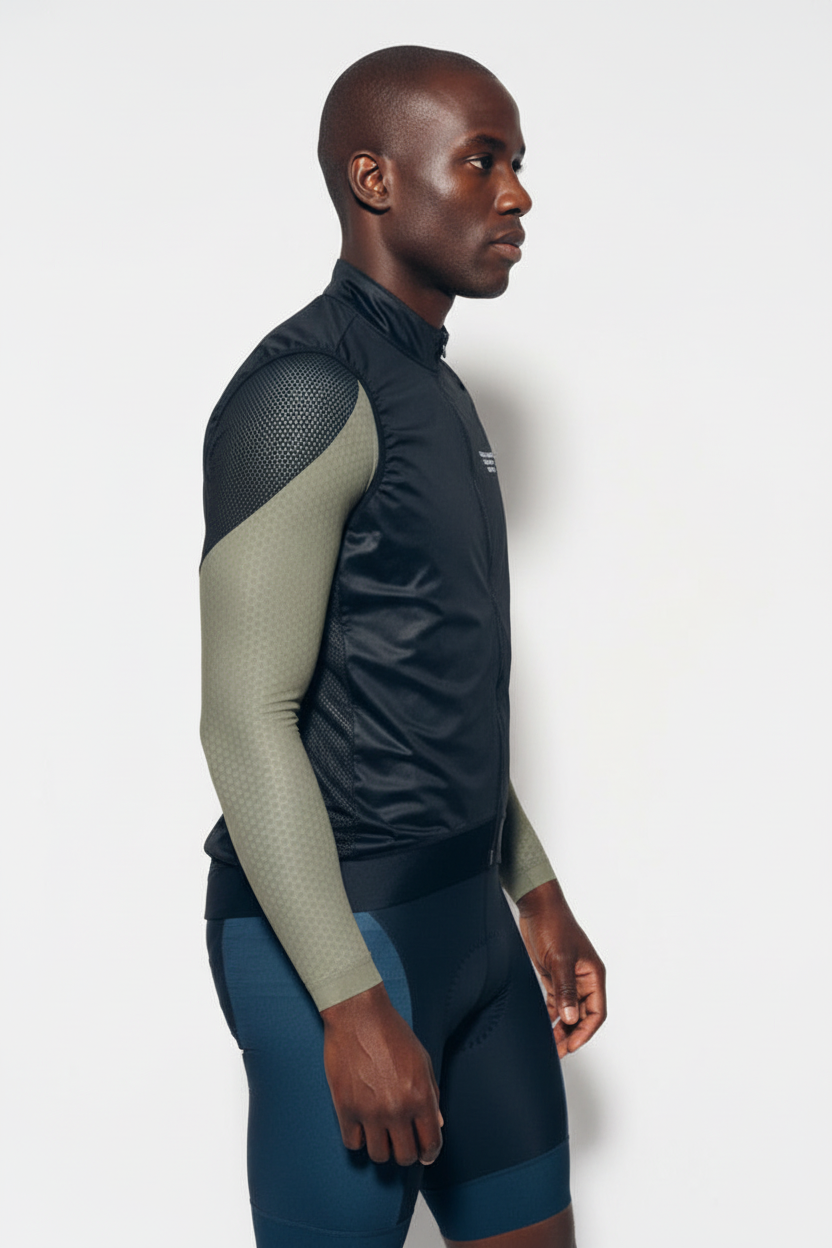 Man wearing a black Gilet with a light green sleeve 