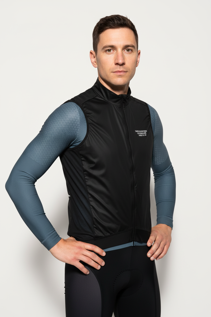 Man wearing a black vest over a blue long-sleeve shirt 