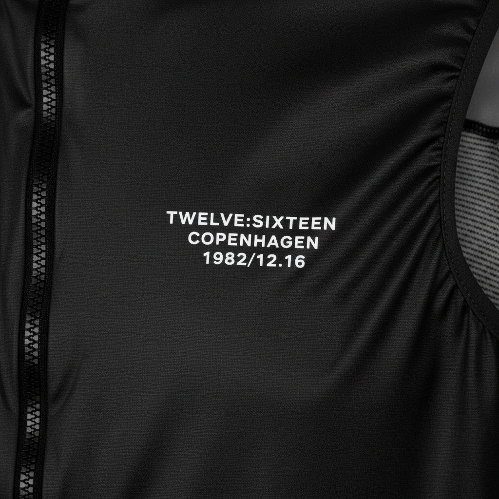Black jacket with white text 'TWELVE:SIXTEEN COPENHAGEN 1982/12/16' on a black background