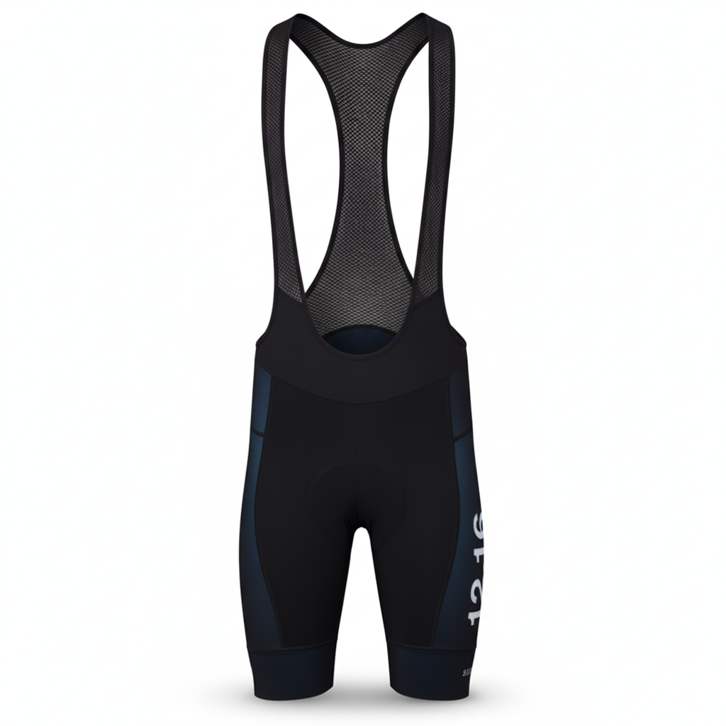 Black cycling bib shorts on a white background