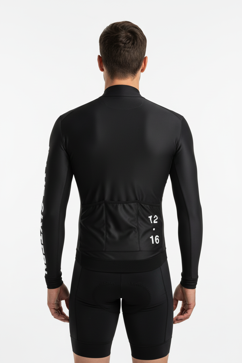 Men wearing a black cycling Jersey with number 12.16 