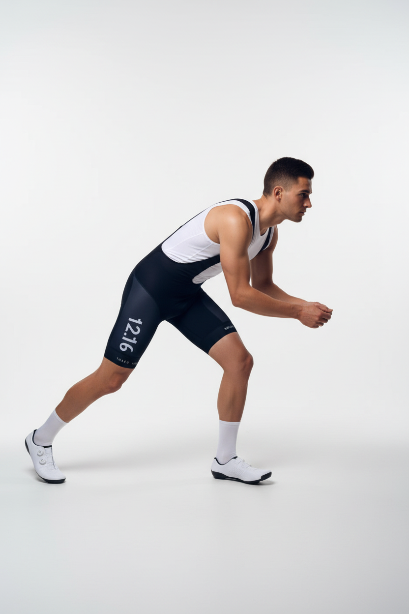 Person wearing a white and black cycling outfit TwelveSixteen