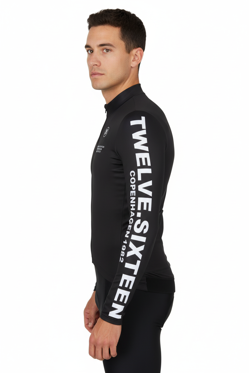 Men wearing a black Long jersey with'Twelve Sixteen Copenhagen' branding 