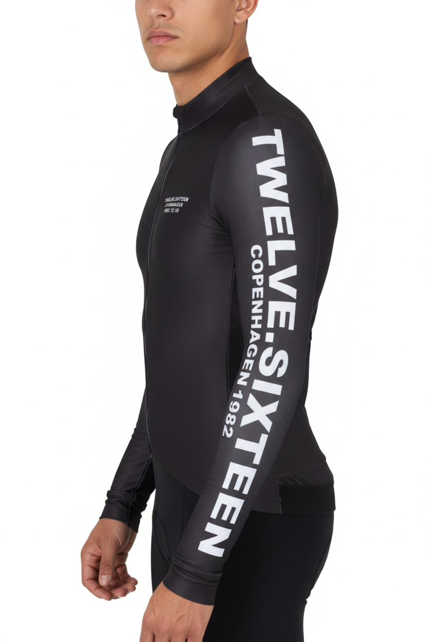 Black cycling jersey with 'Twelve-Sixteen Copenhagen 1982' branding