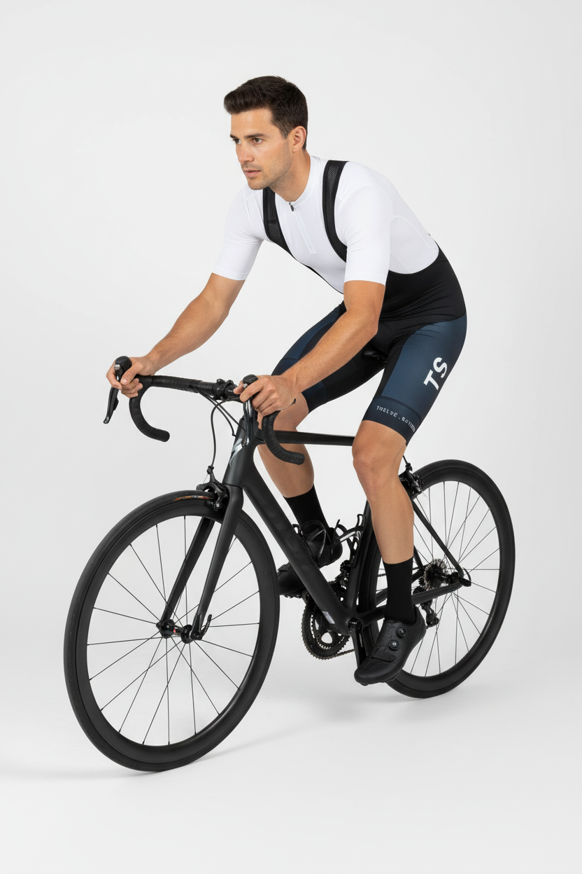 Man riding a bicycle in cycling gear on a white background