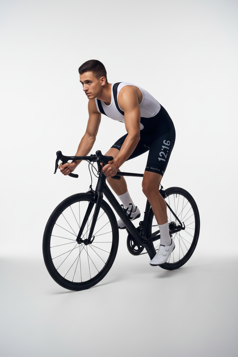 Cyclist in a white tank top and black shorts 