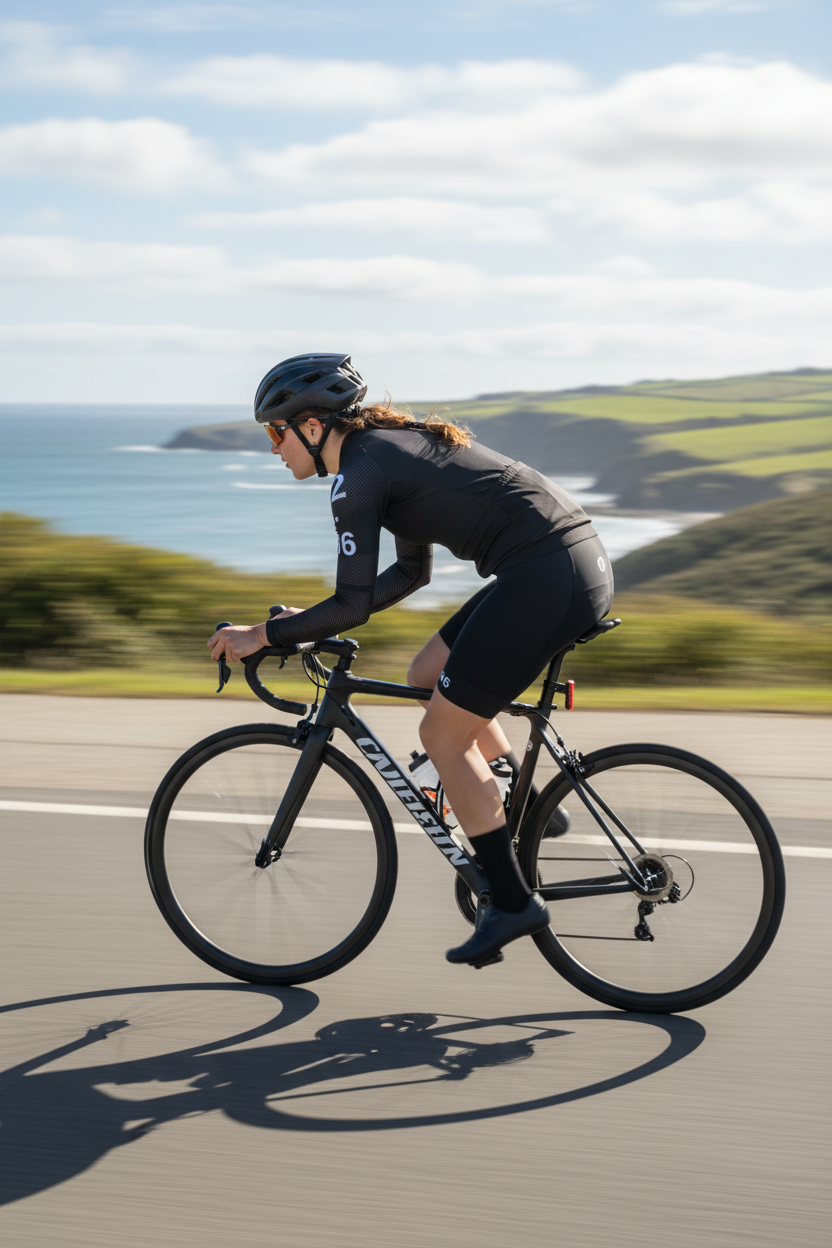 Person riding a bicycle on a road with a scenic background in TwelveSixteen outfit