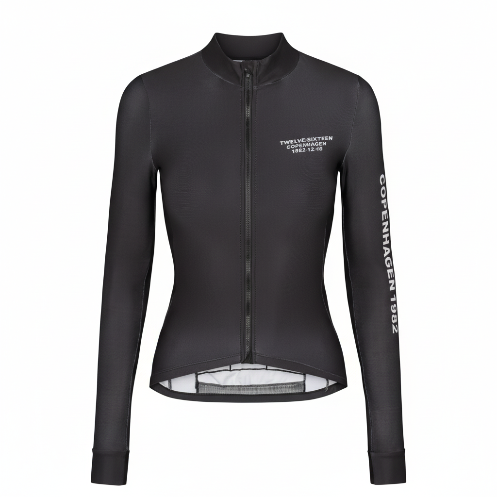 Black cycling jersey with visible branding 