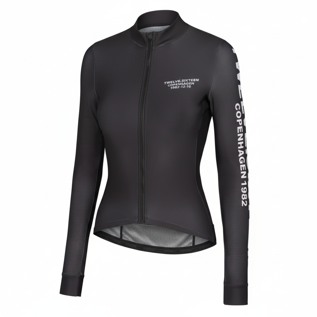 Black cycling jersey with white text logo