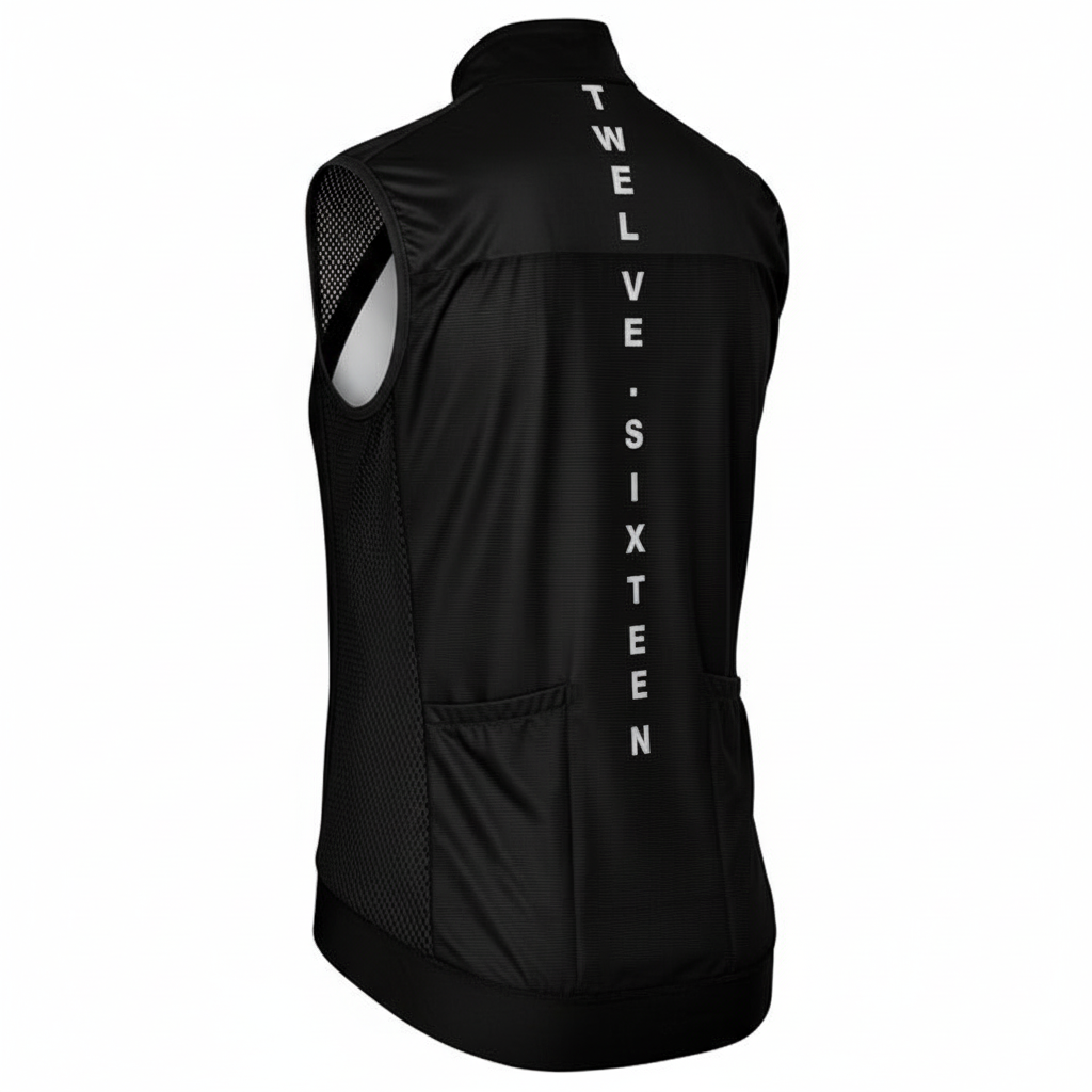 Black vest with 'TWELVE SIXTEEN' text on the back 