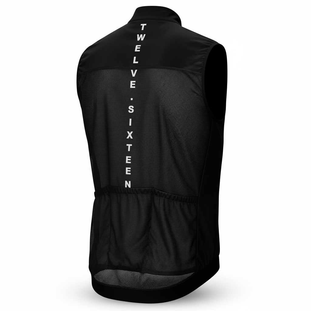 Black vest with 'TWELVE SIXTEEN' text on the back 