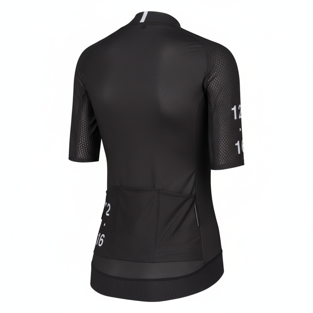 Black cycling jersey with white numbering on 