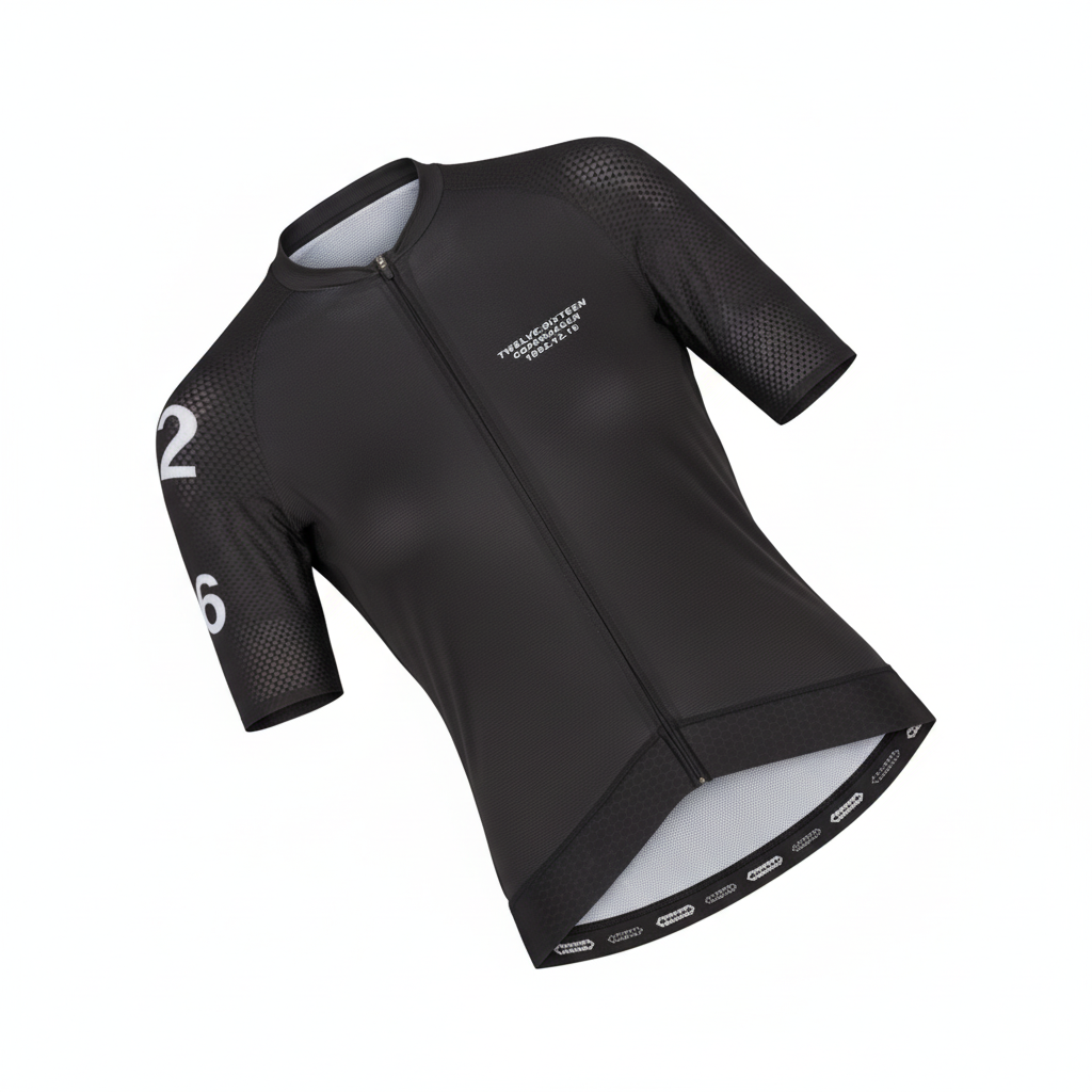 Black cycling jersey with brand logos on