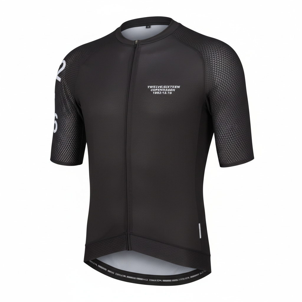 Black cycling jersey with brand logo on