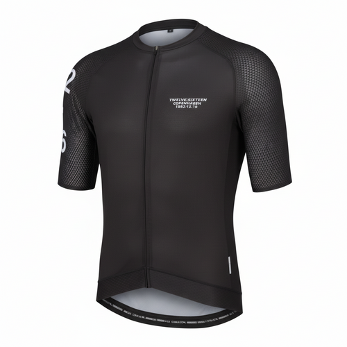 Black cycling jersey with brand logo on